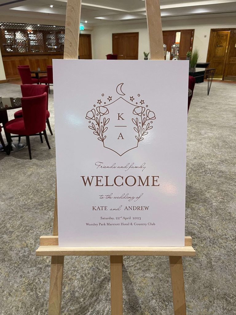 wedding stationery board printed with welcome message for wedding guests